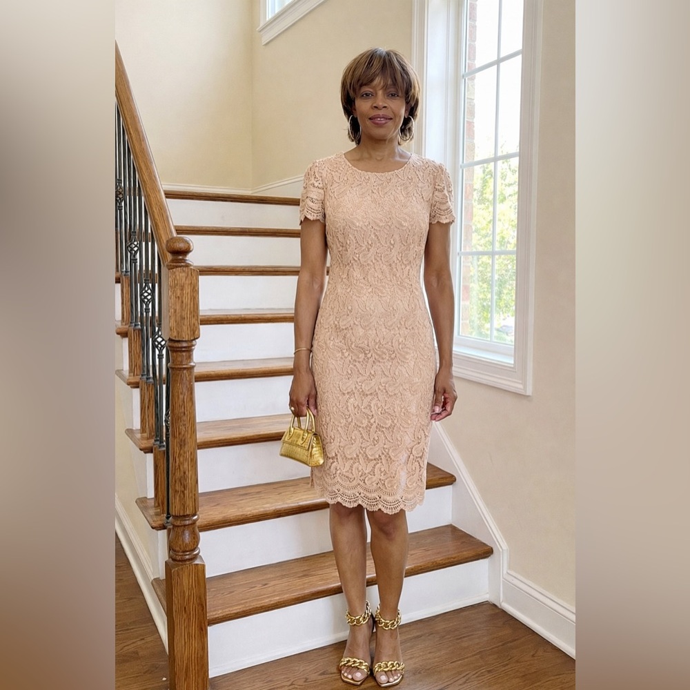 Michael Kors Blush Nude Crochet Lace Sheath Dress | Elegant Wedding Guest